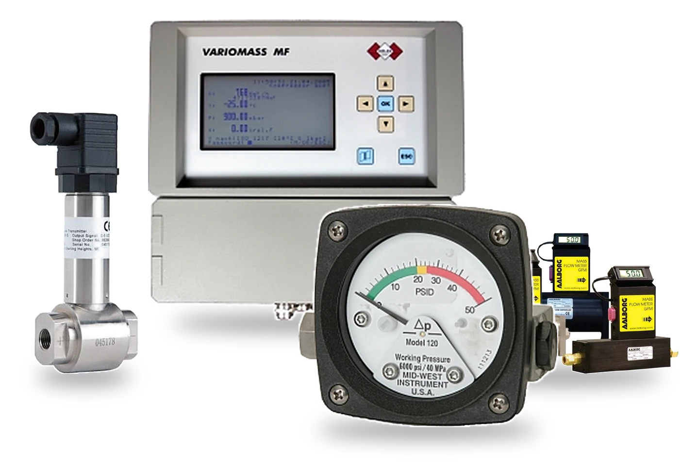 Messgeräte der DIELEN GmbH: Differenzdrucktransmitter, VARIOMASS Druckluftzähler, Mid-West Differenzdruckmanometer und AALBORG Durchflussmesser